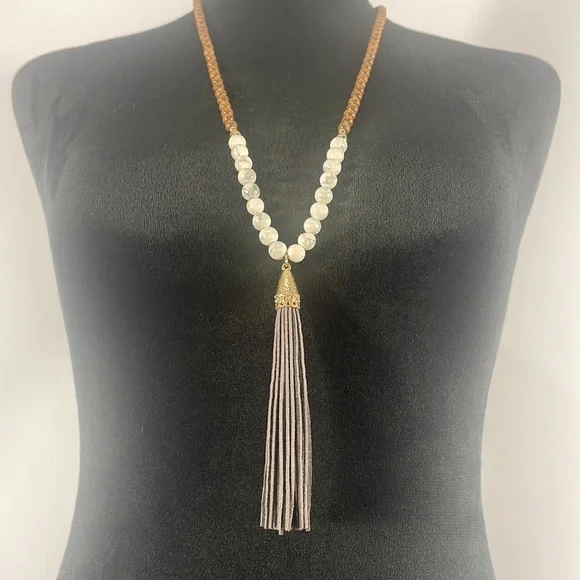 BCBG Long Tassel White,Grey Howlite & Wood, Necklace,Gold,Grey Suede Tassel,Boho - Picture 8 of 8